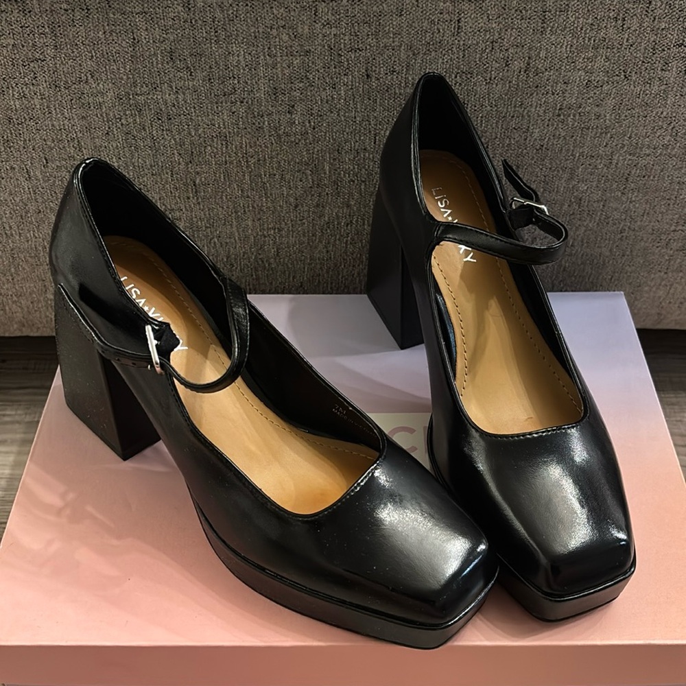 Women's Black Platform Mary Jane Heels with Ankle Strap